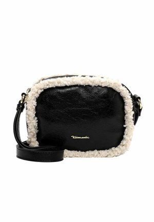 Black faux leather bag with cream textured trim, rectangular shape, and adjustable strap. Gold logo accent on the front.