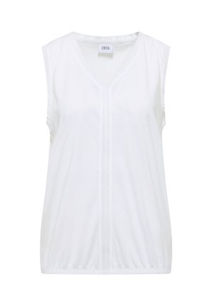 Blouse blanche sans manches avec col en V, détail en dentelle verticale sur le devant et ourlet élastique, avec une étiquette "CECIL" à l'intérieur du col.
