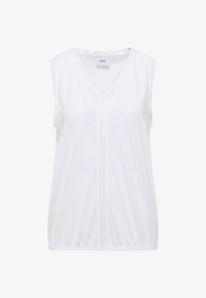 Blouse blanche sans manches avec col en V, détail en dentelle verticale sur le devant et ourlet élastique, avec une étiquette "CECIL" à l'intérieur du col.