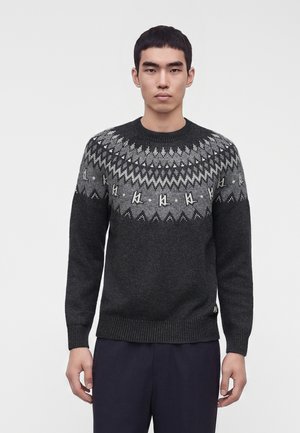 Ung mand iført en mørkegrå sweater med et lysegråt geometrisk mønster over brystet og ærmerne, stående foran en ensfarvet baggrund.