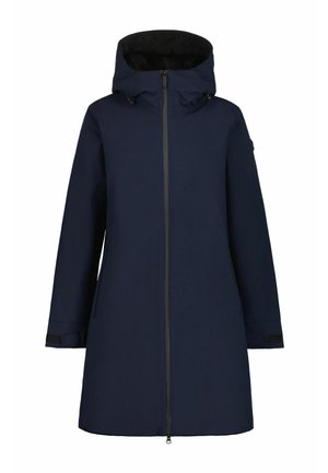 Marineblauwe waterdichte jas met een capuchon, voorzien van een rits voorkant, zijzakken en een zachte voering. Minimalistisch ontwerp zonder zichtbare patronen.