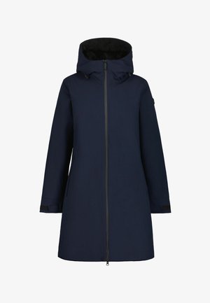 Capa impermeable azul marino con capucha, cuenta con un cierre frontal, bolsillos laterales y un suave forro interior. Diseño minimalista sin patrones visibles.