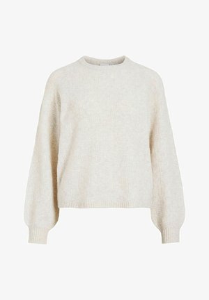 Light beige pullover sweater with a textured pattern, round neckline, and balloon sleeves. Made of soft, warm knit material.