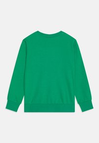 Grønn hettegenser med rund hals og lange ermer. Laget av et glatt stoff, med ribbestrikkede mansjetter og nederkant. Vist fra baksiden.