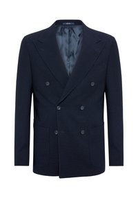 Granatowy dwurzędowy żakiet wykonany z teksturowanej tkaniny, posiada dwa duże kieszenie z przodu, dwa guziki oraz gładką podszewkę.