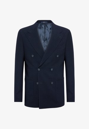 Granatowy dwurzędowy żakiet wykonany z teksturowanej tkaniny, posiada dwa duże kieszenie z przodu, dwa guziki oraz gładką podszewkę.