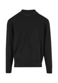 Schwarzer Pullover mit langen Ärmeln und gerippten Bündchen und Saum, von hinten vor einem weißen Hintergrund gezeigt.