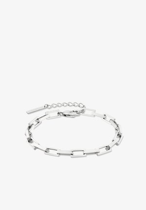 Bracelet en argent composé de maillons rectangulaires avec une finition polie et un fermoir ajustable pour des tailles variées.