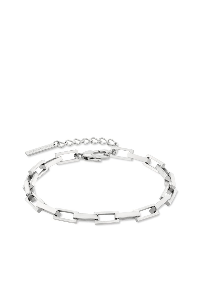 Silberne Kettenarmband mit rechteckigen Gliedern in polierter Ausführung und einem verstellbaren Verschluss für variierende Größen.