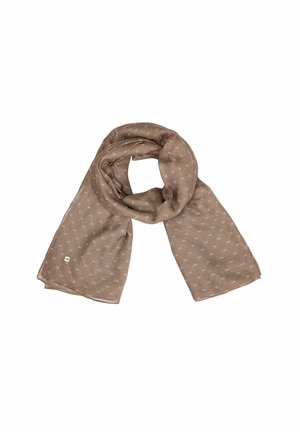 Brązowy szal wykonany z lekkiego materiału, zdobiony skomplikowanym wzorem małych białych kształtów, o miękkim, teksturowanym wykończeniu.