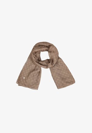 Brązowy szal wykonany z lekkiego materiału, zdobiony skomplikowanym wzorem małych białych kształtów, o miękkim, teksturowanym wykończeniu.