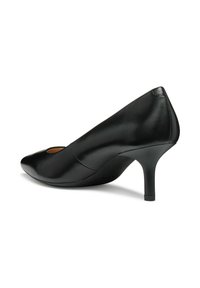 Black leather high heel shoe with a pointed toe, featuring a cutout detail and a slender heel. Smooth texture, minimalist design.