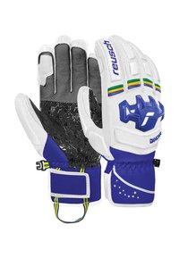 White and blue goalkeeper gloves feature a textured black palm, rubberized finger tips, and a Velcro wrist strap with colored accents.