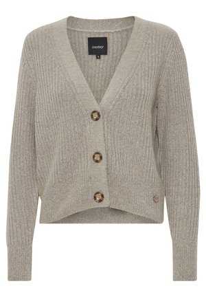 Beige, ribbet cardigan med V-hals, fire knapper foran og en cropped design med let struktur og logoaccent på kanten.