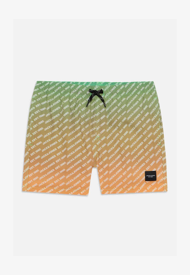 Kupaći šortsi sa gradijentom od zelene do narančaste boje, s printom bijelogloga po cijeloj površini. Crna vezica na struku i oznaka s logom.