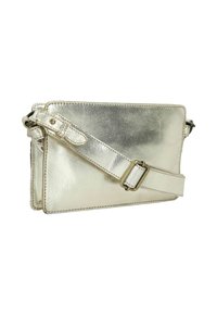 Borsa a tracolla argentata metallica con tracolla regolabile, forma rettangolare, superficie liscia e chiusura sicura a fibbia.