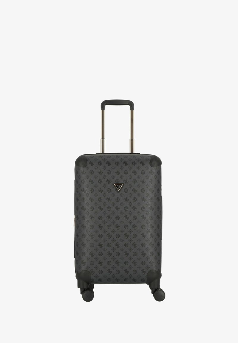 Valise rigide de couleur gris foncé avec une surface texturée, arborant un motif subtil, une poignée extensible et quatre roulettes pivotantes.