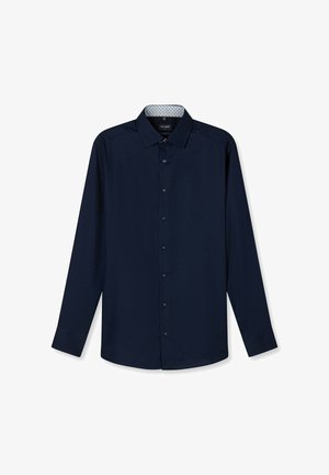 Dunkelblaues langärmliges Hemd mit Knopfleiste, spitzem Kragen und gemustertem Innenkragen, flach auf weißem Hintergrund ausgelegt.