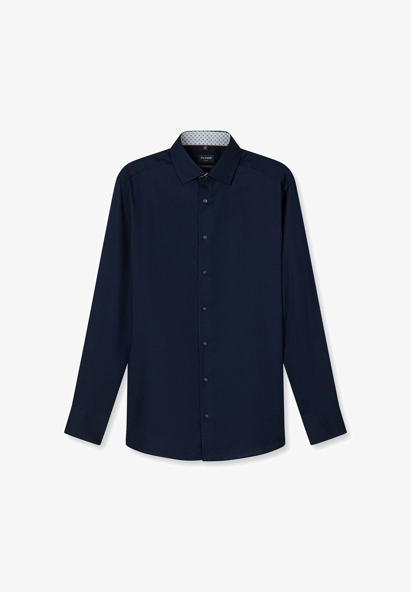 Dunkelblaues langärmliges Hemd mit Knopfleiste, spitzem Kragen und gemustertem Innenkragen, flach auf weißem Hintergrund ausgelegt.