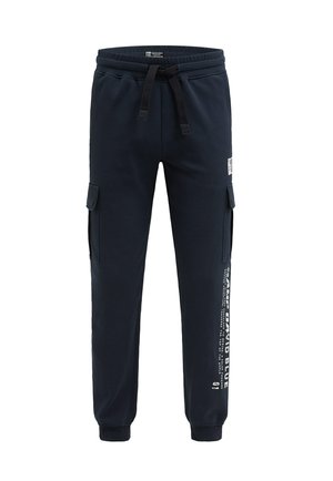 Dunkelblaue Sweatpants aus Baumwollmischung, mit elastischem Taillenbund, Kordelzug, seitlichen Cargo-Taschen und weißem Textdetail an einem Bein.