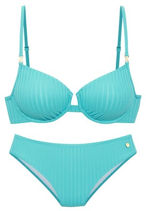 Zweiteiliges Bikini-Set in Petrol mit gerippter Textur, verstellbaren Trägern, einem Triangel-BH und passendem hoch tailliertem Unterteil. Goldene Akzente.