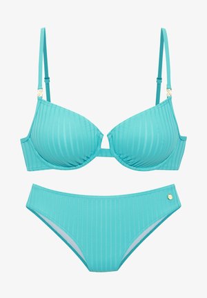 Teal two-piece bikini set with ribbed texture, featuring adjustable straps, a triangle bra top, and a matching high-waisted bottom. Gold accents.