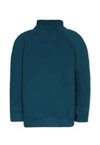 Teal fleece sweatshirt med en mock-hals, raglanærmer og ribbede manchetter og kant. Glat tekstur uden synlige mønstre eller hardware.