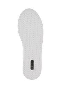 Semelle de sneaker blanche avec un motif de semelle en chevron, présentant un patch de logo noir au talon et une texture en caoutchouc lisse.