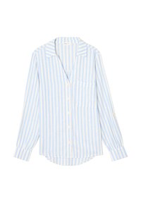 Chemise rayée en bleu clair et crème, fabriquée à partir d'un tissu doux. Elle possède un col, un devant à boutons, et une poche poitrine. Manches longues avec poignets.