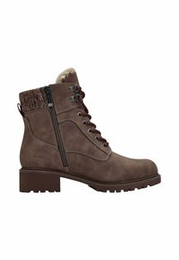 Bottines brunes avec un col en fourrure texturée, devant à lacets, fermeture éclair sur le côté et semelle épaisse. Construites en matériau doux semblable à du daim.