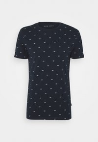 Dunkelblaues Baumwoll-T-Shirt mit Rundhalsausschnitt und kurzen Ärmeln. Dezente weiße Kronenmuster schmücken den Stoff und sorgen für Textur und Details.