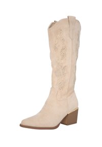 Bota de cowboy de ante beige hasta la rodilla, con punta afilada, costuras decorativas y acentos de rhinestones, que cuenta con un tacón apilado.