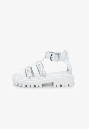 Weiße Sandalen mit Riemen und dicker Sohle, ausgestattet mit einem strukturierten Obermaterial und einem Schnallenriemen. Das strapazierfähige Material und das offene Design fördern die Atmungsaktivität.