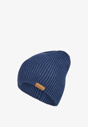 Blue knitted beanie hat with a ribbed texture, featuring a brown faux leather tag with the brand name. Soft fabric, slouchy design.
