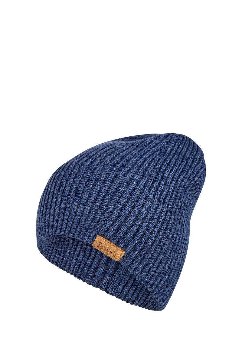 Blue knitted beanie hat with a ribbed texture, featuring a brown faux leather tag with the brand name. Soft fabric, slouchy design.