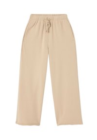 Beige wide-leg sweatpants lavet af blødt, tekstureret materiale, med en elastisk talje med snøre og sidelommer.