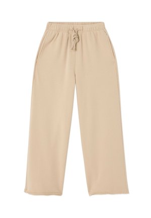 Beige wide-leg sweatpants made of soft, textured material, featuring an elastic waistband with drawstring and side pockets.