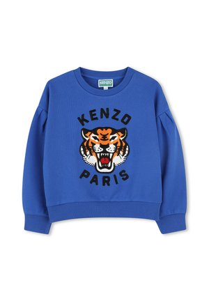 Blue sweatshirt with a crew neck, featuring textured orange and black tiger graphic and "KENZO PARIS" embroidered in black. Ribbed hem and cuffs.
