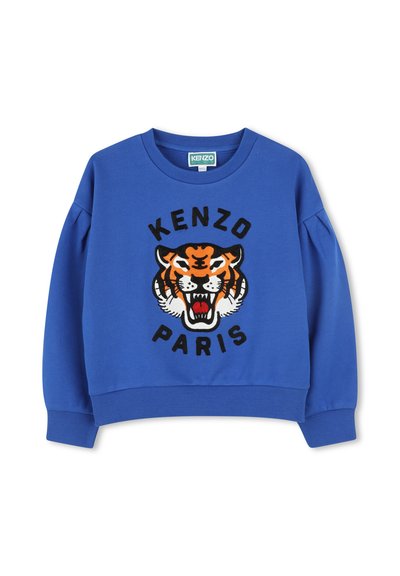 Sweat-shirt bleu à col rond, présentant un graphique de tigre texturé orange et noir et "KENZO PARIS" brodé en noir. Ourlet et poignets côtelés.