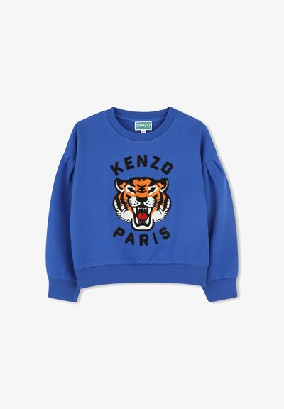 Sweat-shirt bleu à col rond, présentant un graphique de tigre texturé orange et noir et "KENZO PARIS" brodé en noir. Ourlet et poignets côtelés.