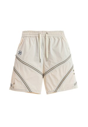 Pantalones cortos beige casual con cintura elástica, cordón, bolsillos laterales, detalles de cremallera diagonal y pequeño logo redondo en el lado izquierdo.