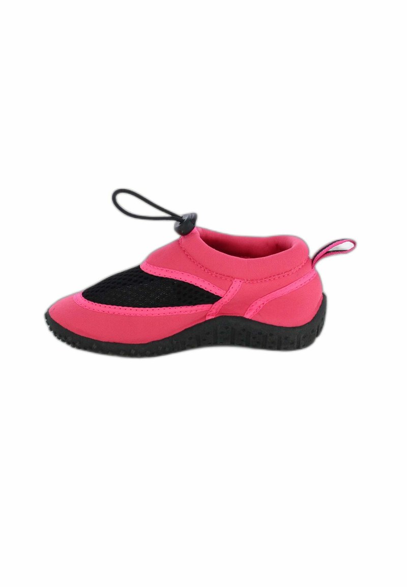 Rosa Wasserschuhe mit schwarzem Mesh-Obermaterial, elastischer Zugkordel für eine bessere Passform und Gummisohle mit strukturiertem Grip für Halt.