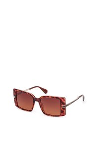 Ochelari de soare tortoiseshell maro cu rame supradimensionate pătrate, lentile gradient și accente metalice elegante pe brațe.