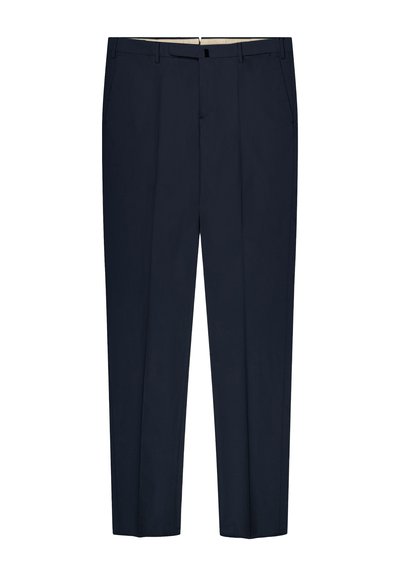 Pantaloni su misura blu navy con pieghe frontali, passanti per cintura e tasche laterali, mostrati stesi su uno sfondo bianco.