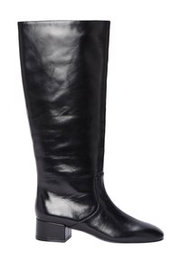 Botte en cuir noire mi-mollet avec un petit talon épais et une finition lisse et brillante, vue de profil sur un fond blanc.