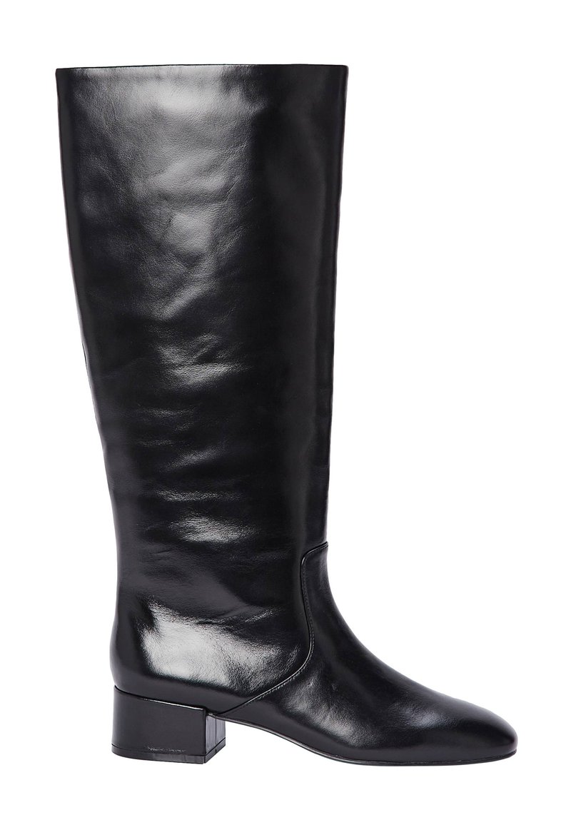 Botte en cuir noire mi-mollet avec un petit talon épais et une finition lisse et brillante, vue de profil sur un fond blanc.