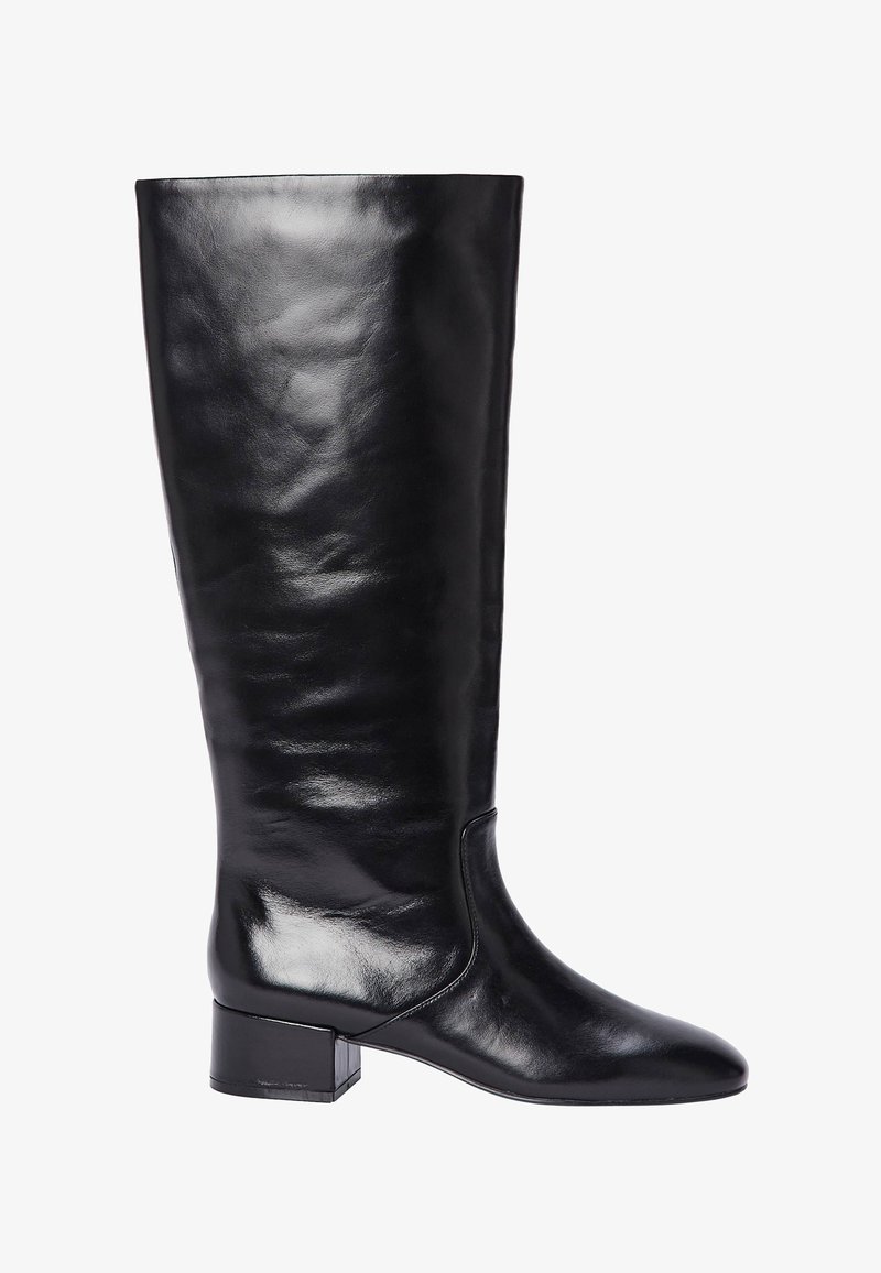 Botte en cuir noire mi-mollet avec un petit talon épais et une finition lisse et brillante, vue de profil sur un fond blanc.