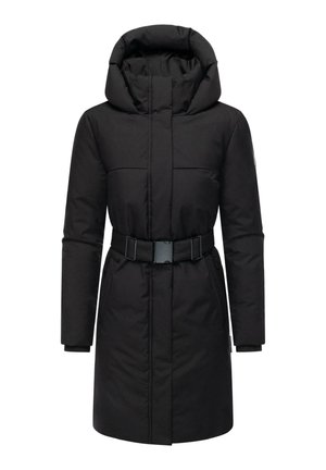 Sort polstret parka-jakke med høj krave, bælte i taljen, lange ærmer og sidelommer. Glat stof uden synlige mønstre eller detaljer.