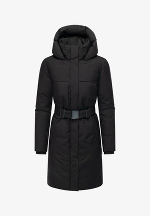 Manteau parka noir rembourré avec un col haut, une taille ceinturée, des manches longues et des poches latérales. Tissu lisse sans motifs ni accents visibles.