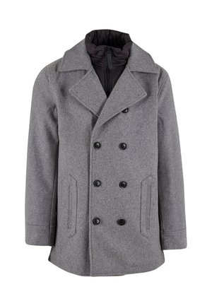 Manteau en mélange de laine gris avec un design croisé, boutons noirs, poches latérales et un col haut avec une doublure amovible.